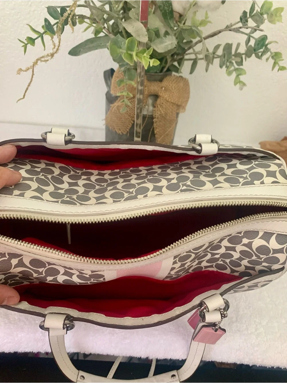 Coach Heritage Signature Cream and Gray Patterned Handbag with Pink Accent